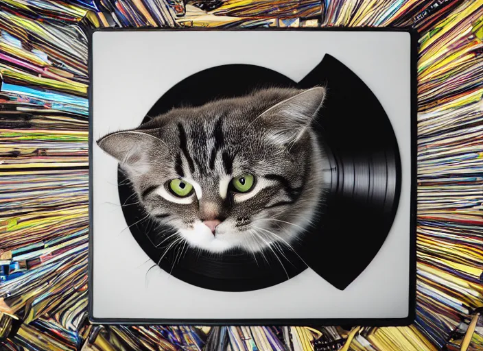 Image similar to photography of a Cat sitting on a record player. in a room full of vinyls and posters out of the 70's, photorealistic, raining award winning photo, 100mm, sharp, high res