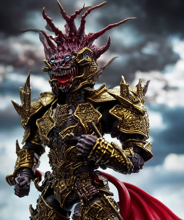 Prompt: hyperrealistic rendering, epic boss fight, ornate supreme demon overlord, jewel crown, war armor battle, by art of skinner and richard corben, product photography, collectible action figure, sofubi, hottoys, storm clouds, outside, lightning