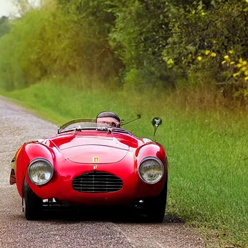 Prompt: photograph of a red Ferrari 166 MM car driving on a country road. a gleaming red barchetta from a better vanished time.