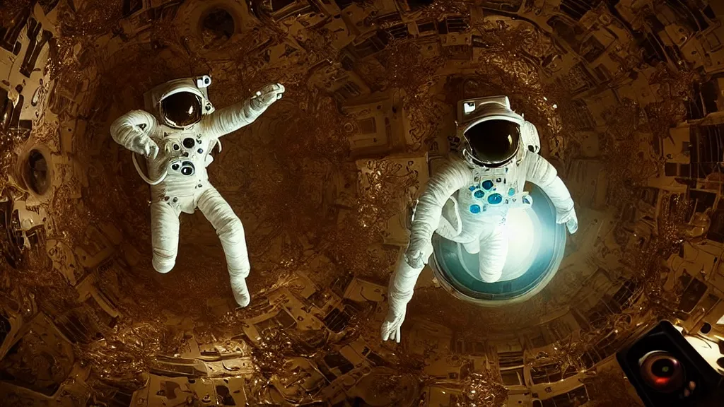 Image similar to a astronaut eva suit covered in diamond 3d fractal lace iridescent bubble 3d skin and covered with insectoid compound eye camera lenses floats through the living room, film still from the movie directed by Denis Villeneuve with art direction by Salvador Dalí, wide lens,