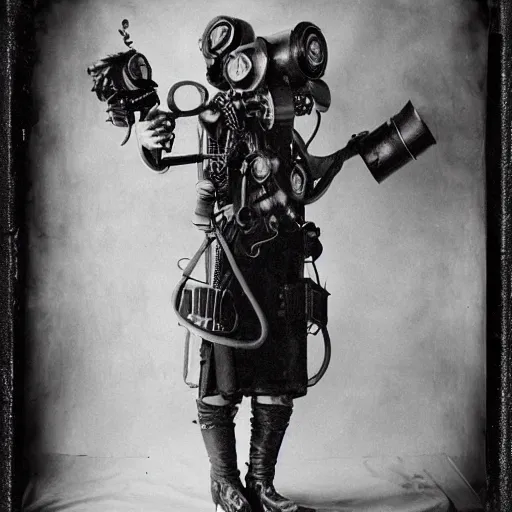 Image similar to tintype photographs of techno shamans, telepaths, dieselpunk cyborgs, masked heroes, irradiated humans, ancient ones, mystic monsters, and monster hunters