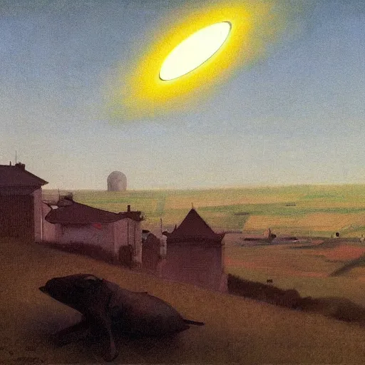 Image similar to dark solar eclipse, above a village, highly detailed, studio 4 k quality, by ramon casas