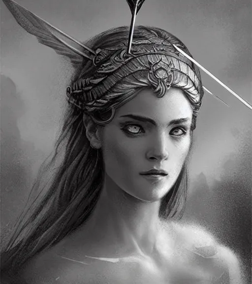 Image similar to aphrodite goddess wearing an arrow on her head, beautiful face, black and white drawing, in the style of greg rutkowski, fantasy, amazing detail, epic, intricate, elegant, smooth, sharp focus