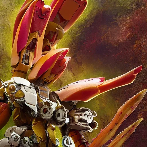 Image similar to futuristic hydnora africana mecha subterranean plant body, sepals forming helmet, floral details, hydnora africana, 8 k hd resolution, barbatos gundam with floral inlay, bandai box art, star wars, makoto kobayashi, frank gehry, raymond swanland