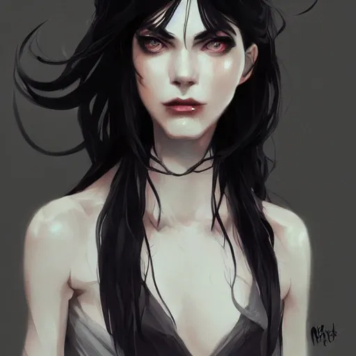 Image similar to female human vampire witch in the style of greg rutkowski, makoto shinkai, trending on artstation, character design, concept art, pretty face, highly detailed, long black hair, portrait, digital art