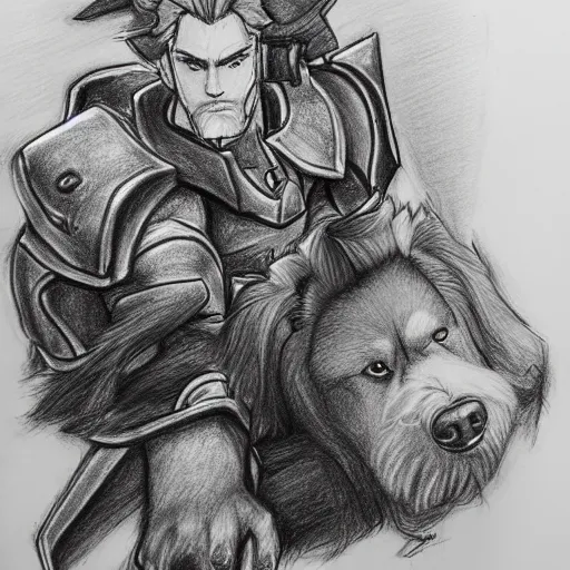 Image similar to highly detailed drawing of reinhardt with a dog, hyperrealistic, photorealistic, artstyle, highly detailed, sharp