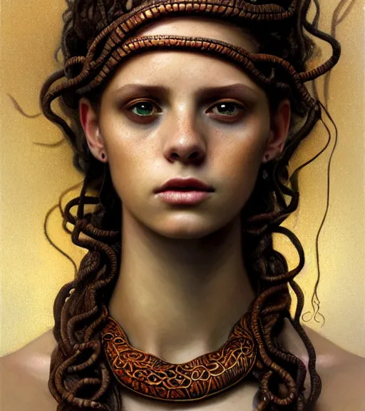 Prompt: portrait of alopecia spanish teen medusa, snakes grow from her head, wearing an embroidered rusty tunic, dark background, intricate, elegant, copper and emerald jewelry, glowing lights, highly detailed, digital painting, artstation, concept art, smooth, sharp focus, illustration, art by wlop, mucha, artgerm, and greg rutkowski