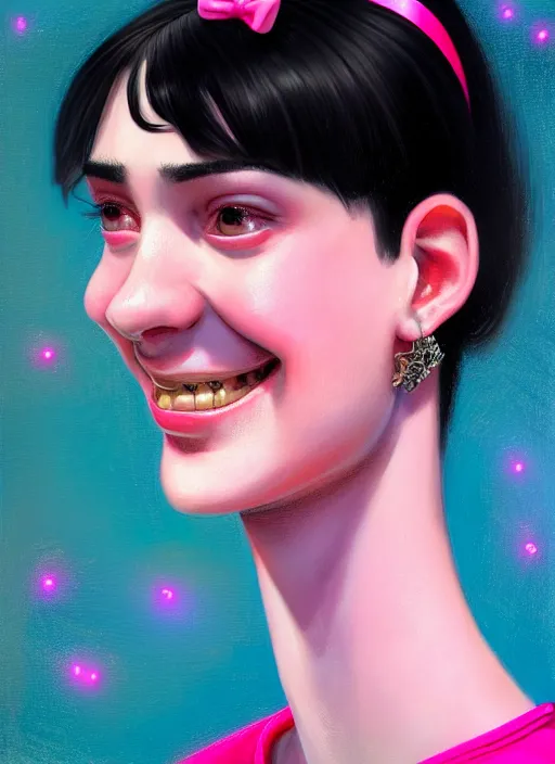 Image similar to portrait of high school girl, realistic, black hair, bangs, half updo hairstyle, pointy nose, skinny, smile, ugly, defined jawline, big chin, pink hair bow, earrings, intricate, elegant, glowing lights, highly detailed, digital painting, artstation, sharp focus, illustration, art by wlop, mars ravelo and greg rutkowski