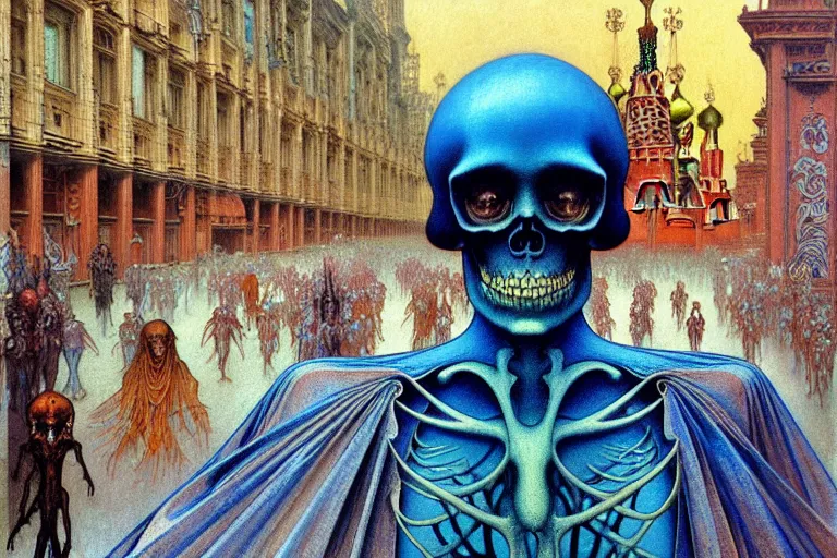 Prompt: realistic detailed closeup portrait painting of a single skeleton wearing a cape in a crowded futuristic moscow street by Jean Delville, Amano, Yves Tanguy, Alphonse Mucha, Ernst Haeckel, Edward Robert Hughes, Roger Dean, rich moody colours, blue eyes