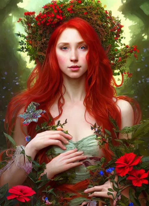 Image similar to a beautiful red haired woman as a fairy princess in a garden holding a wreath, deep focus, d & d, fantasy, intricate, elegant, highly detailed, digital painting, artstation, concept art, matte, sharp focus, illustration, hearthstone, art by artgerm and greg rutkowski and alphonse mucha