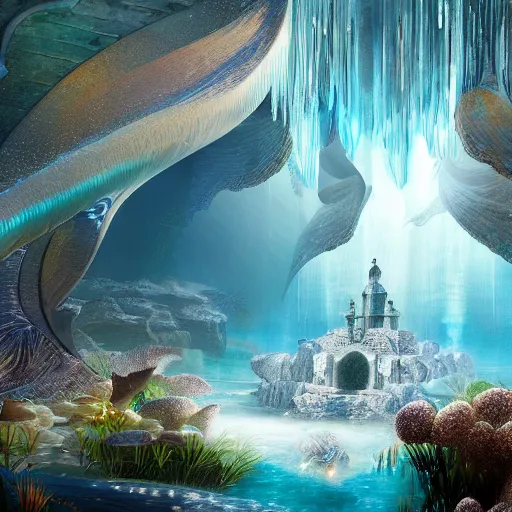 Prompt: unreal engine, octane render, intricate detail, gilbert williams portrait of a crystal temple in atlantis, iridescent dolphins swimming in the sea, unicorn flying in the sky, paleozoic atlantis