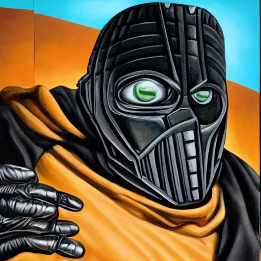 Image similar to beautiful lifelike painting of mf doom showcases his prized collection of rhymes like dimes, hyperreal detailed facial features and uv lighting, art by ed roth and basil wolverton