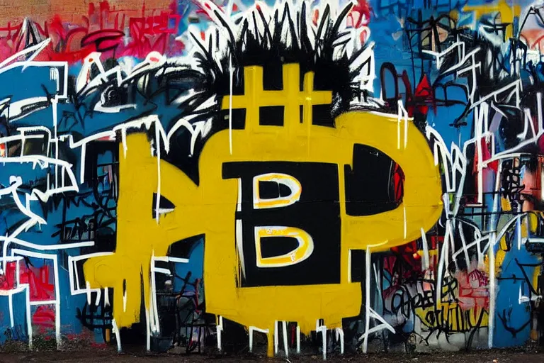 Prompt: basquiat bitcoin graffiti mural