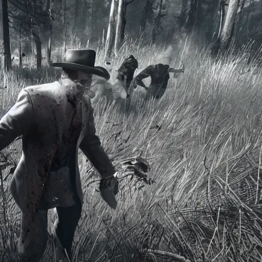 Image similar to vladimir putin running from zombies in hunt showdown