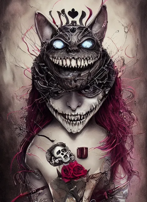 Image similar to Queen of Hearts with Cheshire Cat, Death Tarot card,highly detailed,half skull face,cinematic,8k,by Stanley Artgermm,Tom Bagshaw,Greg Rutkowski,Carne Griffiths, Ayami Kojima, Beksinski, Giger,trending on DeviantArt,hyper detailed,horror, full of colour