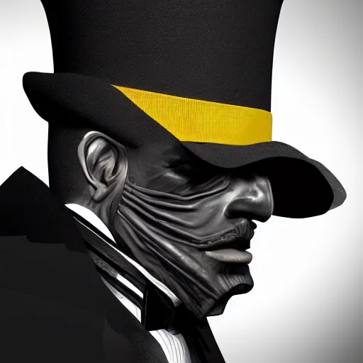 Image similar to a highly detailed portrait of a man in a high top hat covering his face, in a black tailcoat with a yellow waistcoat under the tailcoat, artstation, deviantart, professional, unreal engine 5, photorealistic