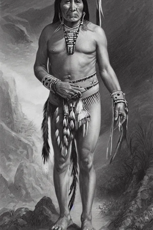 Image similar to thin native American Indian man in his early 30s, by Alex Horley