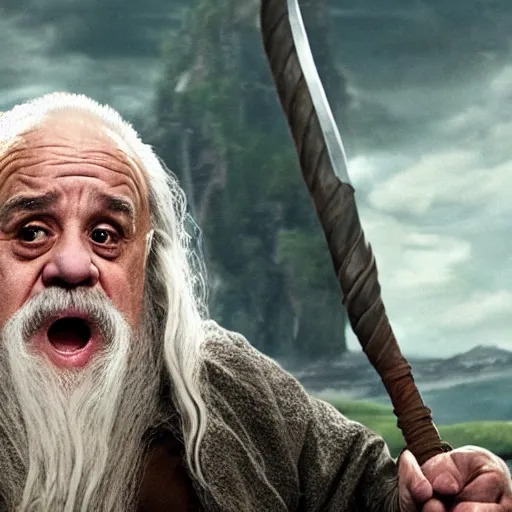 Image similar to movie still of danny devito starring as gandalf the white in the 2 0 2 4 lord of the rings movie, full body, hyper realistic, high quality