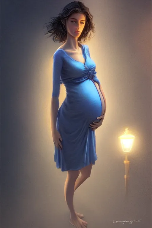 Image similar to pregnant woman in a short blue dress in night under street light, highly detailed, sharp focused, ultra realistic digital concept art by Edwin Longsden Long, Charlie Bowater