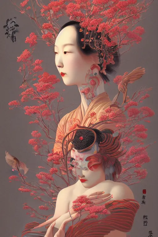 Prompt: breathtaking detailed red gardian mao baby in glace sphere no futur taiwan concept art painting art deco pattern of birds goddesses amalmation flowers, by hsiao ron cheng, tetsuya ichida, bizarre compositions, exquisite detail, extremely moody lighting, 8 k, art nouveau, old chines painting