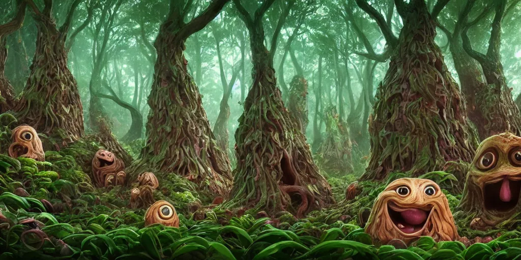 Image similar to of an intricate forest with strange cute friendly happy creatures with huge eyes, mouth, long tongue, round teeth and goofy face, appearing from the background, in the style of gehry and gaudi, macro lens, shallow depth of field, ultra detailed, digital painting, trending artstation, concept art, illustration, cinematic lighting, photorealism, epic, octane render