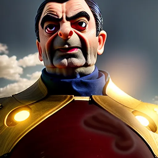 Prompt: mr. bean as thanos from the avengers movie. movie still. cinematic lighting.