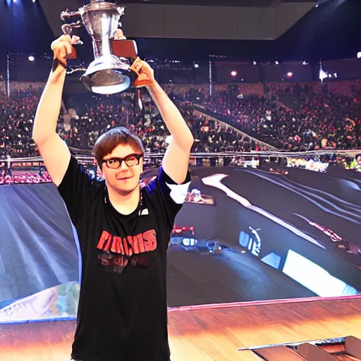 Prompt: Dwight Shrute winning a major E-Sports CS:GO tournament in a stadium in front of a crowd, lifting the trophy, 4k image
