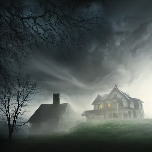 Image similar to haunted house, atmospheric, mist, lightning