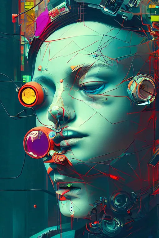 Prompt: abstract portrait, cyberpunk art, floating detailes, very detailed face, leaves by miyazaki, colorful palette illustration, kenneth blom, mental alchemy, james jean, pablo amaringo, naudline pierre, contemporary art, hyper detailed