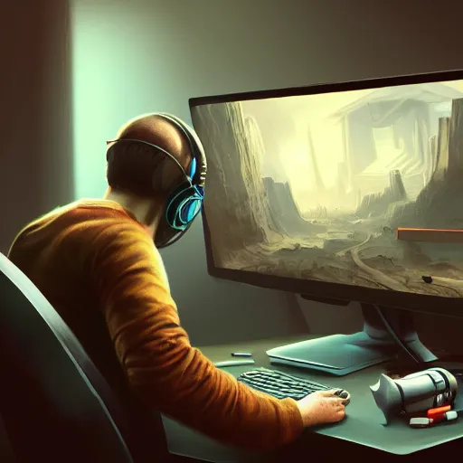 Image similar to realistic man using laptop in gaming room, artstation trends, sci fi concept art, highly detailed, intricate, sharp focus, digital art, 8 k