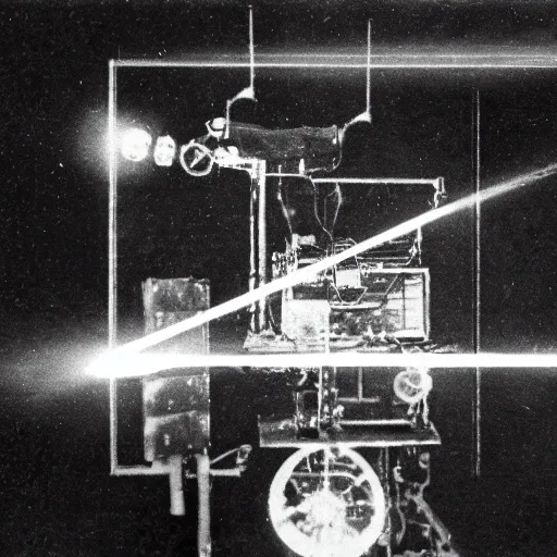 Prompt: grainy 1800s photo of a mechanical apparatus that is projecting a hologram used to communicate with an artificial intelligence