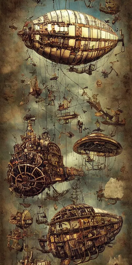 Image similar to a vintage steampunk living airship by alexander jansson and where's waldo and leonardo da vinci