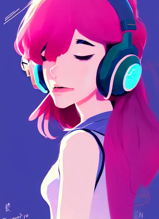 Image similar to female character inspired by 9 0's fashion and by madeline from celeste, art by rossdraws, wlop, ilya kuvshinov, artgem lau, sakimichan and makoto shinkai, concept art, headphones