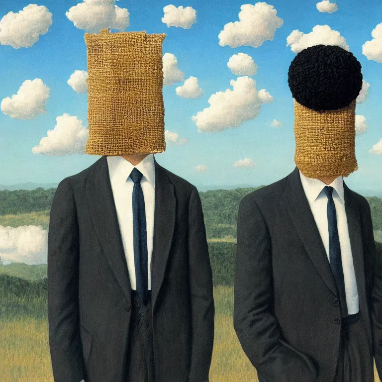 Image similar to portrait of a faceless burlap sack - head man in a suit, clouds in the background, by rene magritte, detailed painting, distance, centered, hd, hq, high resolution, high detail, 4 k, 8 k