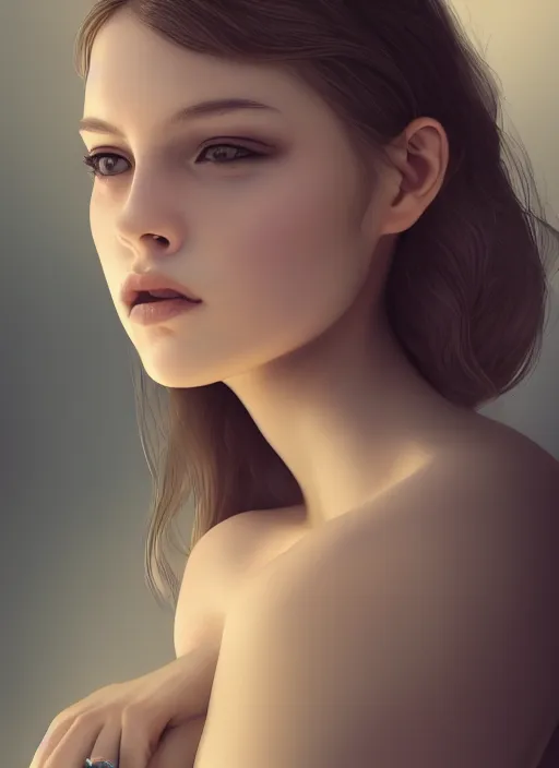 Image similar to a realistic photo portrait of beautiful 👧 with soft 👀 fashion modeling pose, full body, like a professional model, face by WLOP, body by Alex Flores, face symmetry, style of Dan Luvisi, and Charlie Bowater, artstation, rendered, cinematic color grading, muted colors, soft light, rule of thirds, cinematic