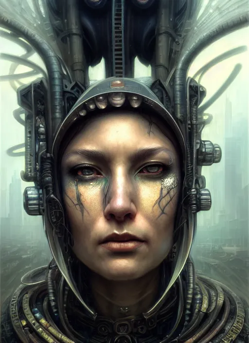 Prompt: closeup portrait shot of a cyberpunk warrior in a scenic dystopian environment, intricate, elegant, highly detailed, centered, digital painting, artstation, concept art, smooth, sharp focus, illustration, artgerm, tomasz alen kopera, peter mohrbacher, donato giancola, joseph christian leyendecker, wlop, boris vallejo