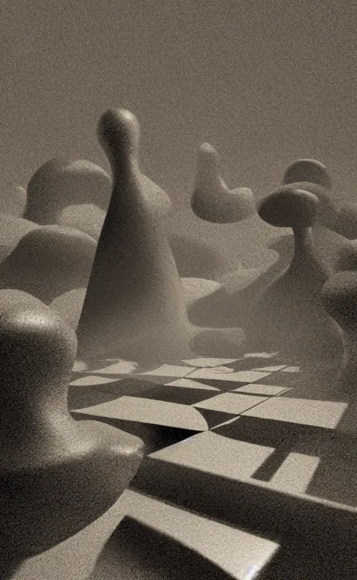 Prompt: surreal dali chess landscape, volumetric lighting, early morning, 3d liminal grainy surreal aesthetic illustration, highly detailed, soft render