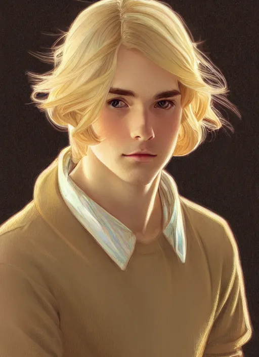 Image similar to pretty young man with shoulder length shiny shimmering golden blond hair, head down, demure, shy, path traced, highly detailed, high quality, digital painting, by studio ghibli and alphonse mucha, leesha hannigan, disney