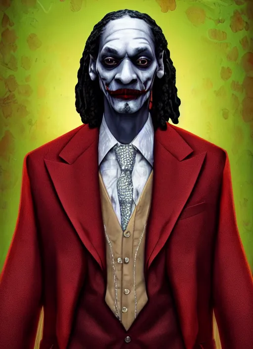 Prompt: portrait of snoop dogg as joker, hyper detailed, digital art, trending in artstation, cinematic lighting, studio quality, smooth render, unreal engine 5 rendered, octane rendered, art style by klimt and nixeu and ian sprigger and wlop and krenz cushart.