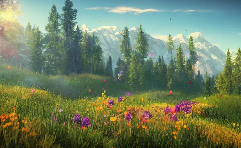 Prompt: mountain landscape in ( ( summer ) ), flowers, trees, bright landscape, dreamy light, sunny, floating particles, complementary palette, by and jacek yerga and jesse king, pop surrealist, wiccan, unreal engine, bokeh, detailed