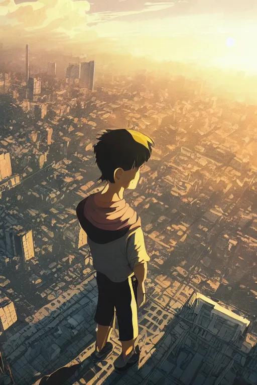 Prompt: Boy in black adidas sportswear looking atop of a urban plateau filled with soviet apartment buildings, golden hour, dreamy, beautiful clouds, ultra detailed beautiful lighting, wallpaper, cityscape, beautiful artwork by Makoto Shinkai