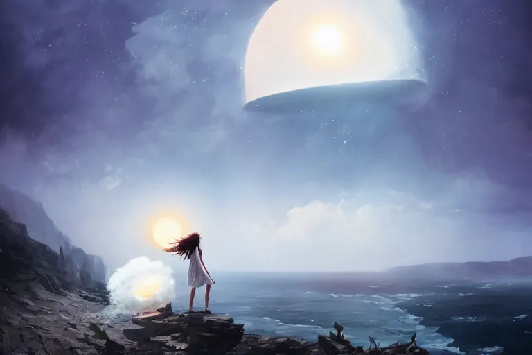 Image similar to giant white daisy flower over head, girl walking on cliff, surreal photography, solar eclipse, milky way, dramatic light, impressionist painting, clouds, digital painting, artstation, james gilleard and liam wong and jeremy mann