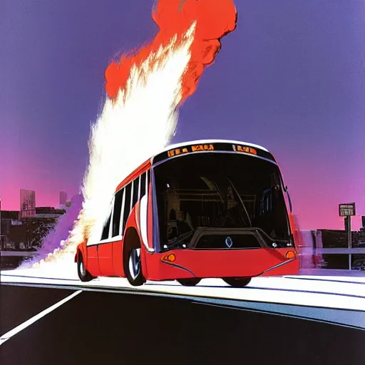 Image similar to concept art for bus with flamethrower, painted by syd mead, high quality