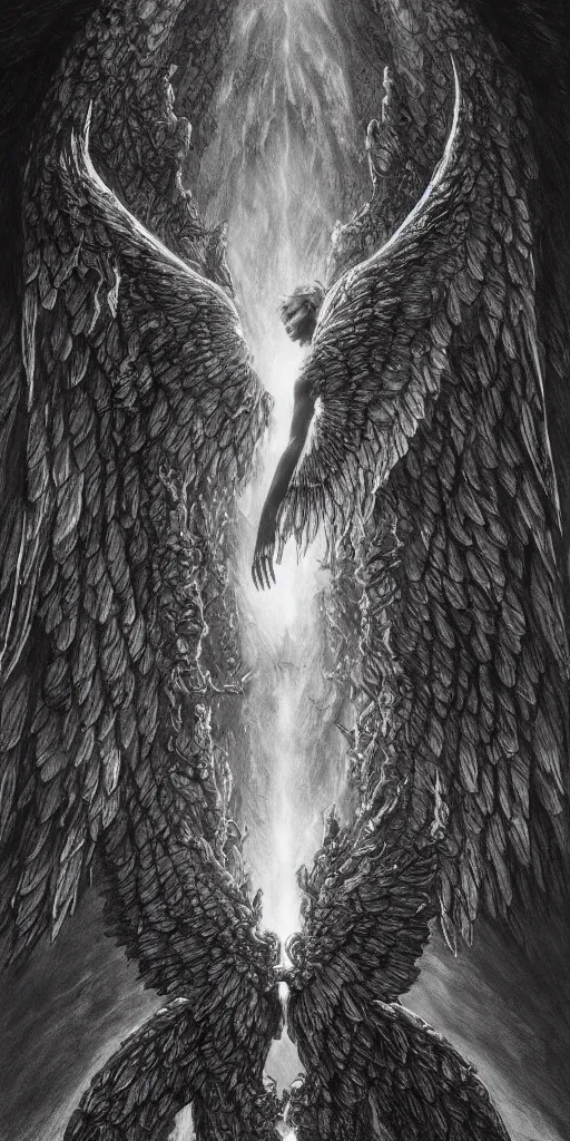 Prompt: burning wings of mighty angel lucifer falling from the heavens, elegant, beautiful, engraving, concept art, elden ring, illustration, smooth, sharp focus, by gustave dore and greg rutkowski, hyper realistic, ephemeral, dramatic lighting, fantasy art, in the style of midjourney, intricate, alphonse mucha, hyper detailed