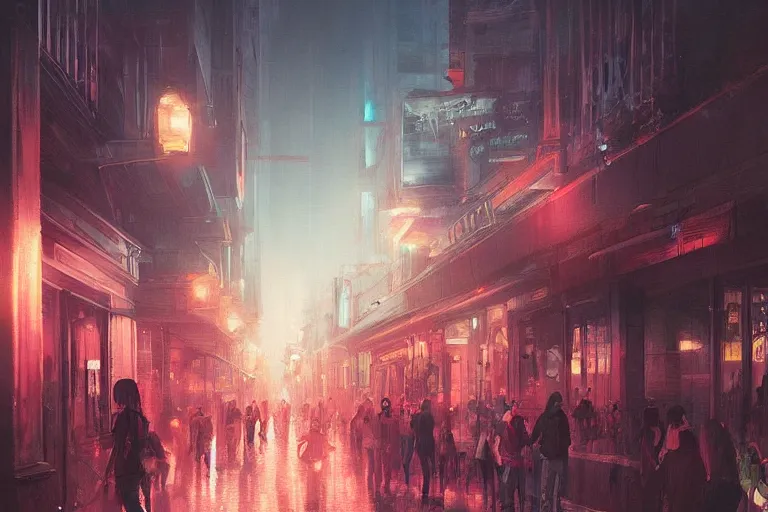 Image similar to a beautiful paiting of Night Life of downtown street by Ross Tran, dark ambient, beautiful, UHD, hyperrealism, Surreal and Fantasy Art, absurdist