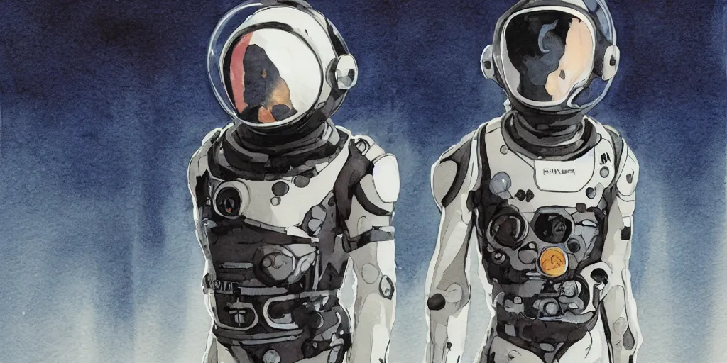 Image similar to male, full body, modern space suit, intriguing helmet, very stylized character design, the expanse tv series, large shoulders, short torso, long thin legs, tiny feet, science fiction, hyperdetailed, technical suit, dieselpunk, watercolor digital painting, in the style of mike mignola, by alex maleev, jean giraud