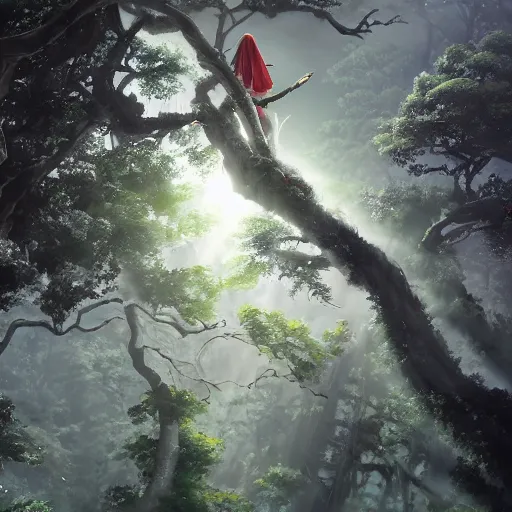 Image similar to ghost spirit, forest, standing on a tree top, 4 k, artgerm, high detail, dramatic lighting, sunset, hayao miyazaki, masashi ando, nizou yamamoto, kazuo oga, joe hisaishi, yoji takeshige, naoya tanaka