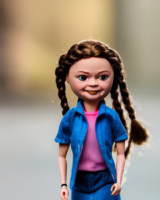 Image similar to high quality presentation photo of a cute greta thunberg barbie doll, photography 4k, f1.8 anamorphic, bokeh, 4k, Canon, Nikon