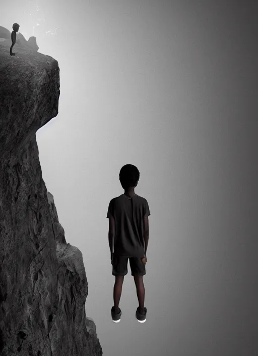 Prompt: a sad black boy at the edge of a cliff leading into a dark void, hyperrealistic very detailed photograph
