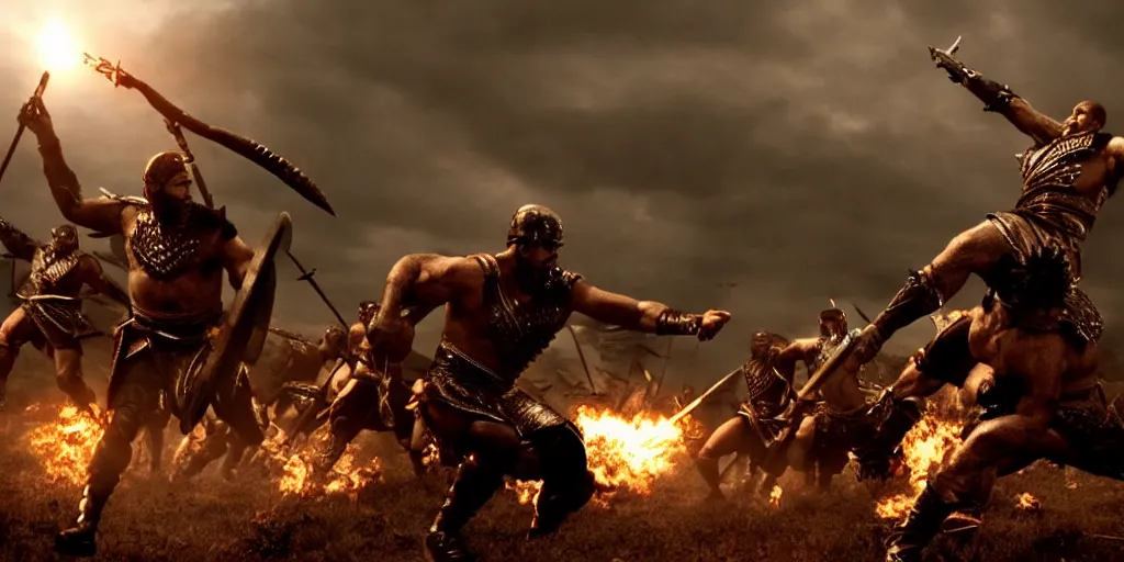 Image similar to epic battle screen of hero, film still from the movie'3 0 0'( 2 0 0 6 ), 3 d, 8 k realistic, cryengine, playstion 5 screen, cinematic lighting